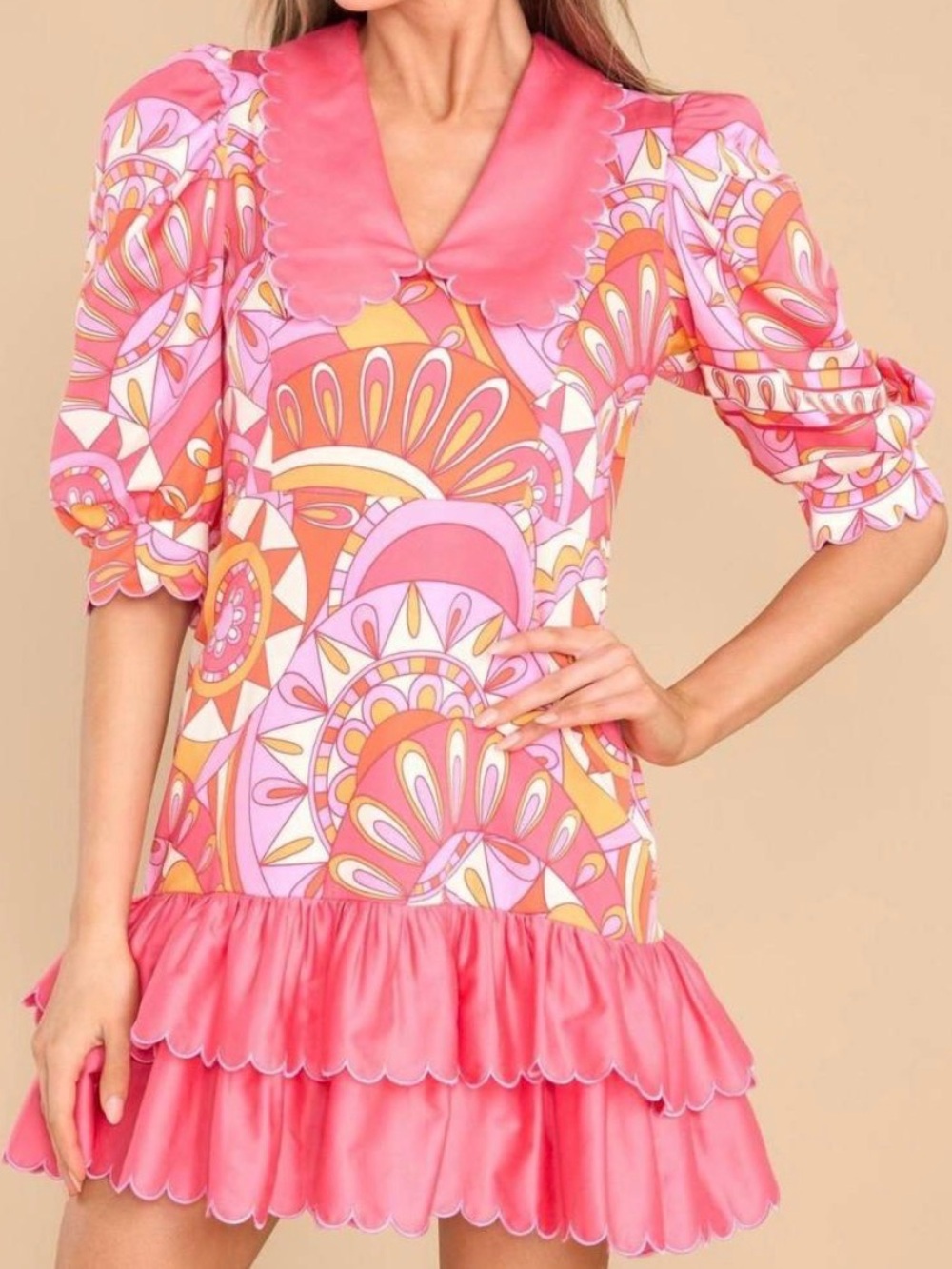 Alden Adair Pink Retro Print Short Dress with Scalloped Hem M